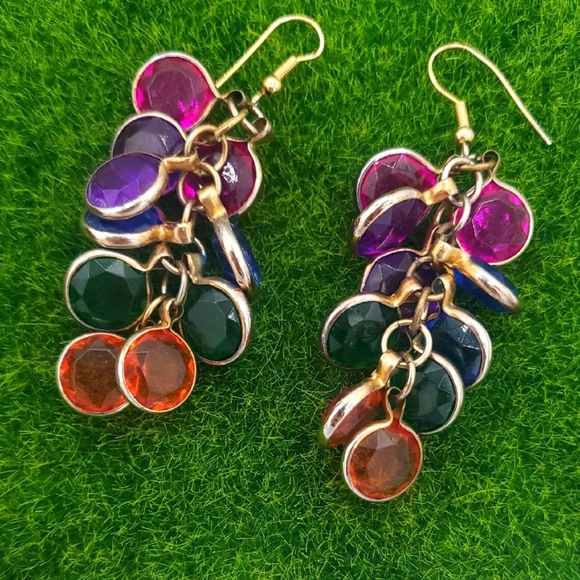 Vintage Crystal Stained Glass Dangle Earrings E1022 - Picture 1 of 2